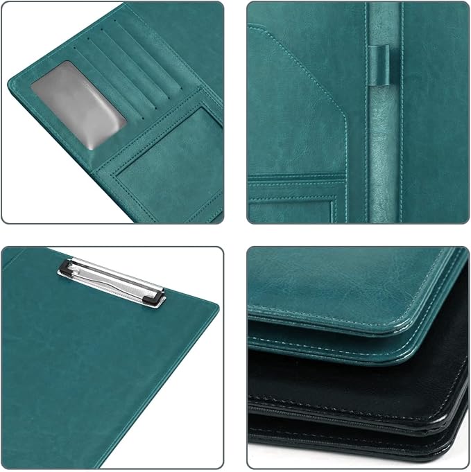 WAVEYU Padfolio Business/Resume Portfolio Folder, Leather Interview Portfolio Business Portfolio Portfolio Organizer with Legal Pad Folder Clipboard,Interview Folder for Men/Women, Dark Green