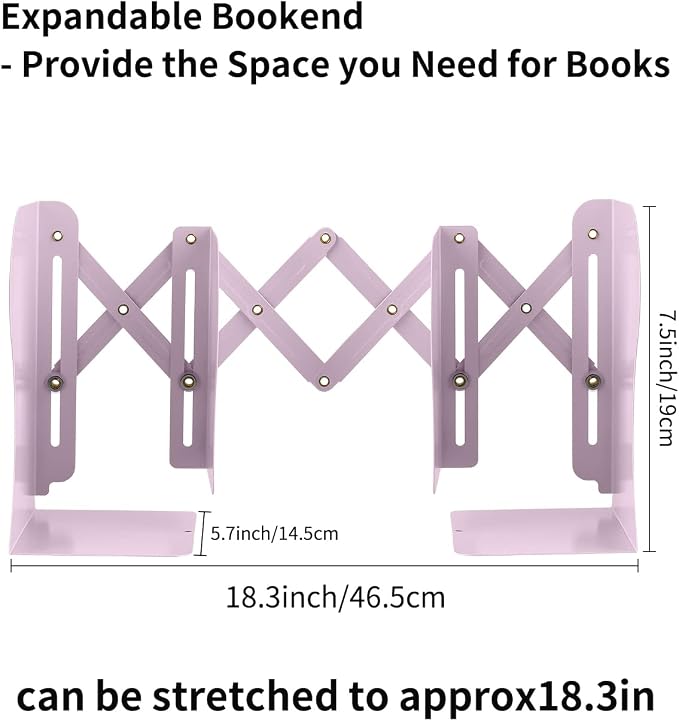 MSDADA Adjustable Bookends, Book Ends for Heavy Books, Expandable Book Organizer for Desk, Shelf, Office, School, for 6 7 8 9 10 11-15 Boys and Girls, Extends up to 19 inches (Macaron Pink)