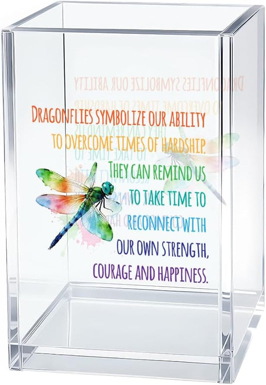 Dragonflies Symbolize Our Ability Acrylic Pen Holder Cosmetic Organizer, Funny Dragonfly Pen Pencil Holders for Desk, Desk Accessories Office Gifts for Dragonfly Lover Teacher Coworker Daughter