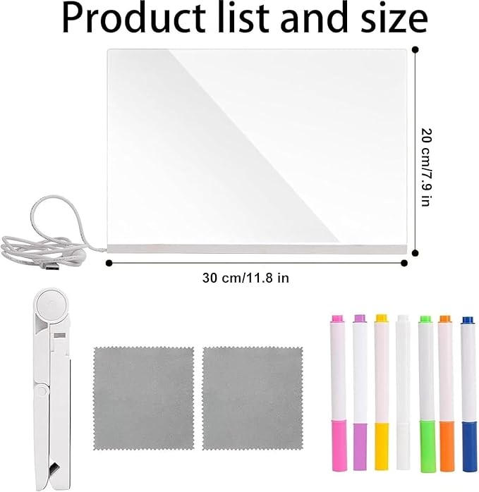 LED Note Board with Colors, Led Light Up Acrylic Message Board, with 7 Pen for Office School Home (11.8 * 7.9in)