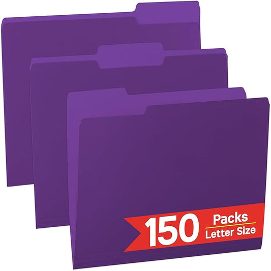 VZCPYTPM 150 Pack Purple File Folders,Letter Size (8.5x11 in),1/3-Cut Tabs in Assorted Positions,Cardstock Paper Folders for Office,School & Home Filing Cabinet Organization, Bulk Document Folders