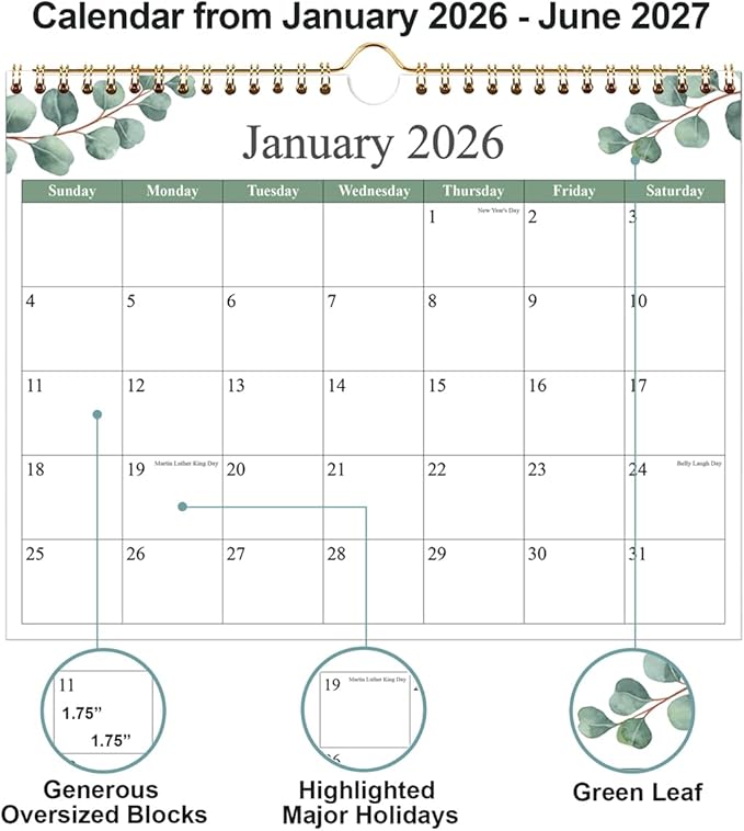 Calendar 2026 - Wall Calendar 2026-2027 from January 2026 to June 2027, 2026 Wall Hanging Calendar Planner with Thick Paper, 12" x 14.5", Leaf