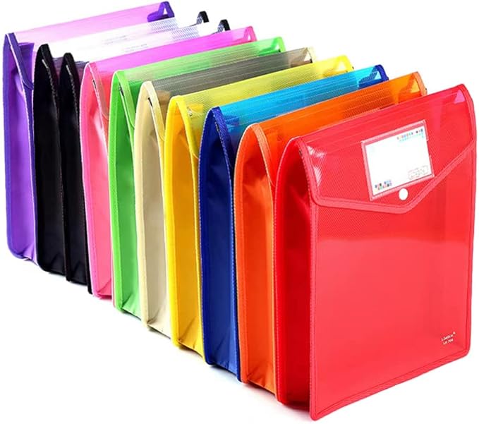 Plastic Document File Folder A4 Size Expandable Poly Envelopes Waterproof Transparent File Pouch with Snap Closure & Label Pocket Assorted Colors for School Office Organization (Vertical,10 Pack)