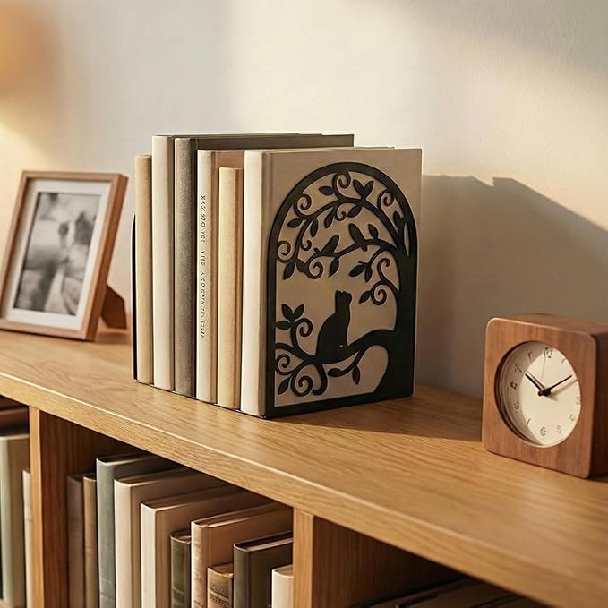 2 Pcs Metal Bookends, Unique Cat Book Ends for Shelves Sturdy Book Organizers and Decorative Books Accessories for Home Office and Library