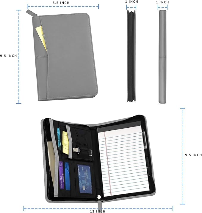 Lcjtop Junior Business Padfolio - A5 PU Leather Portfolio Binder & Zippered Binder Folder with 5 x 8 Writing Pad and Interior Storage Pocket Executive Business Organizer for Women,Gray