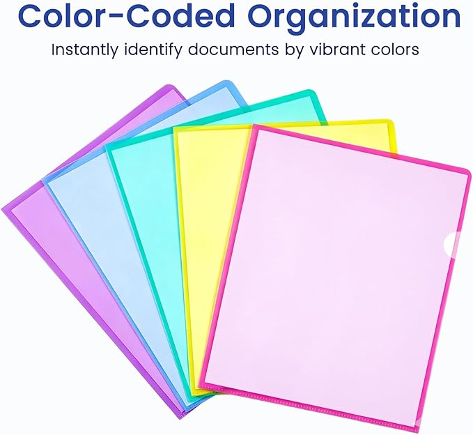 Sooez 15 Pack Clear Document Folder, Plastic Sleeves for Paper 8.5 x 11, Plastic File Folders Paper Sleeves Protector, Heavy Duty Poly File Jacket Sleeves Pocket Folder Cover,5 Assorted Colors