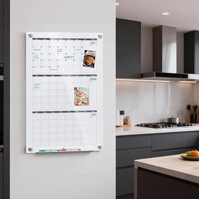 3-Month Vertical Layout 24'' x 36'' Magnetic Glass Dry Erase Calendar Board for Wall, Whiteboard Planner, Reusable Monthly Frameless Quarterly Whiteboard for Office, Home & Classroom with Accessories