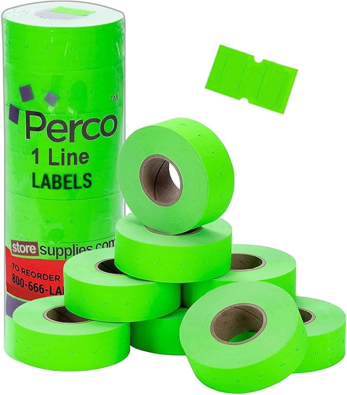 Perco Ink Roll for Perco Pro 1 Line & Perco Pro 2 Line Labelers (4 Pack) Bundle with Perco 1 Line Fluorescent Green Labels - 1 Sleeve, 8,000 Blank Pricing Labels for Perco 1 Line Price and Date Guns