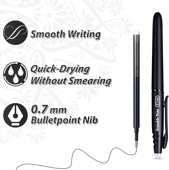 Erasable Pens Rub Out 0.5mm Erasable Gel with Built-in Erasers, Heat Friction Writing Pens for Adults, School & Office Supplies (8 Assorted black pens)