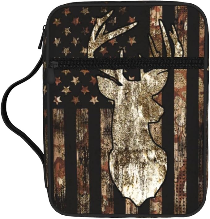 Camo Camouflage American Flag Brown Cool Deer Hunting Bible Cover Case Carrying Book Protector Case Bible Study Supplies Accessories Holder Case Christian Gift for Women Men