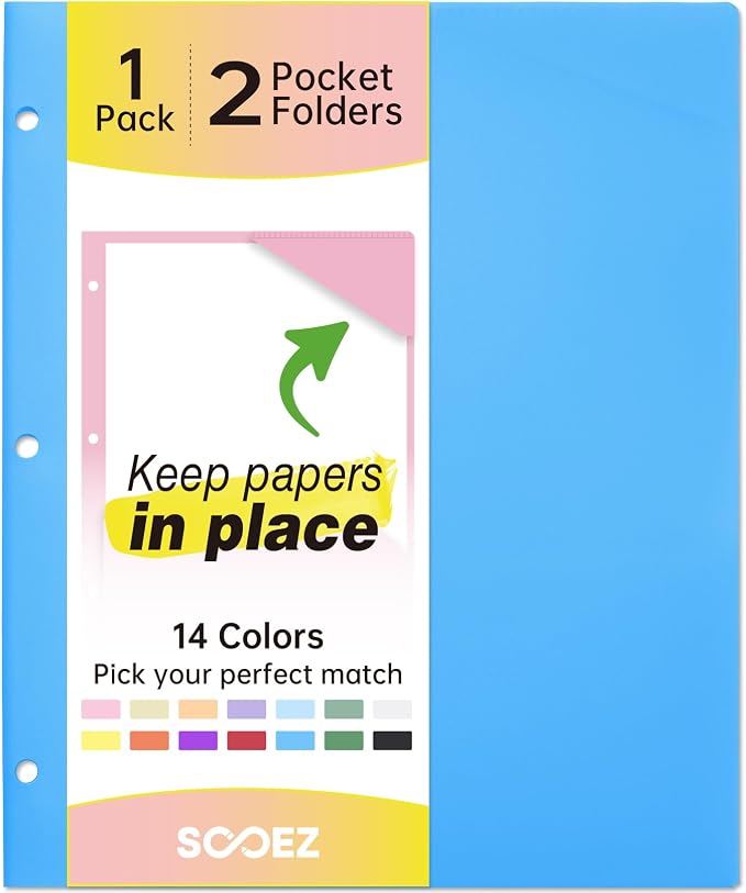 Sooez 2-Pocket Folders, Plastic Folders with Pockets 3 Hole Punched, 1 Pack Pockets Folder for 3 Ring Binder with Labels, Heavy Duty Binder Folder for Document, Letter Size File Folder,Blue