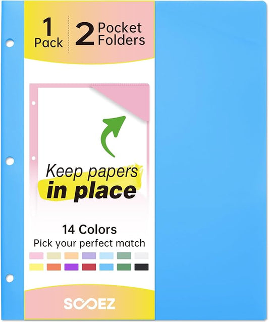 Sooez 2-Pocket Folders, Plastic Folders with Pockets 3 Hole Punched, 1 Pack Pockets Folder for 3 Ring Binder with Labels, Heavy Duty Binder Folder for Document, Letter Size File Folder,Blue