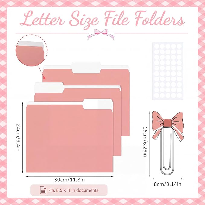Qeeenar 30 Pcs Pink File Folders Bulk Letter Size 8.5 x 11 1/3 Cut Tabs Basics File Folders Jacket Reinforced Straight Cut Tab Pink Bow Paperclips Decoration Flats No Expansion