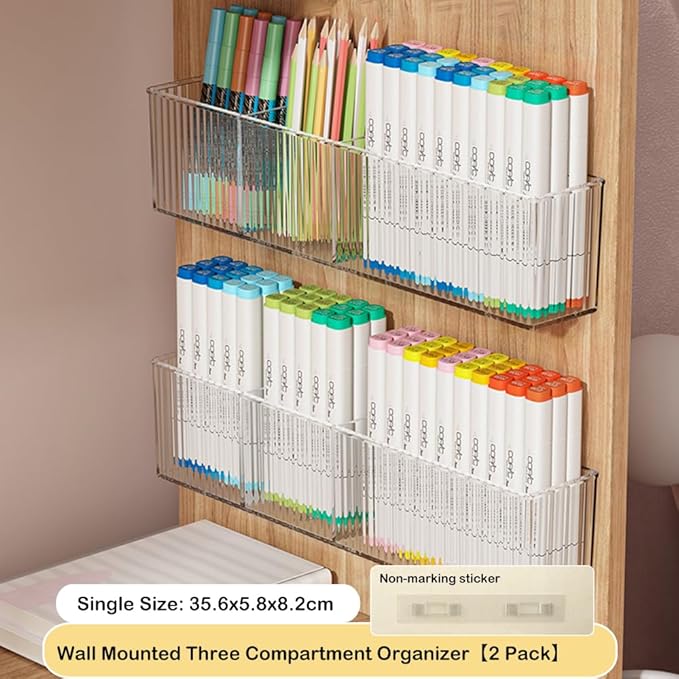 2 Pack Wall Mounted Marker Holder, 3 Compartments Clear Pen Holder Organizer, No Drill Wall Pencil Storage Rack Office Accessories Organizer (Clear)