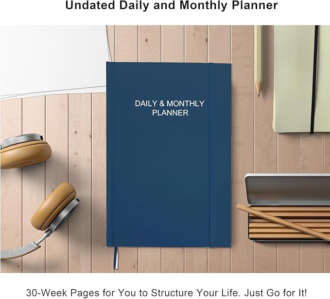 Daily & Monthly Planner for 2026 or Anytime - ADHD Planner Two Pages Per Day, Daily Planner Undated to Increase Focus, Eliminate Overwhelm, Achieve Your Biggest Goals, 5.8'' × 8.3'', Blue