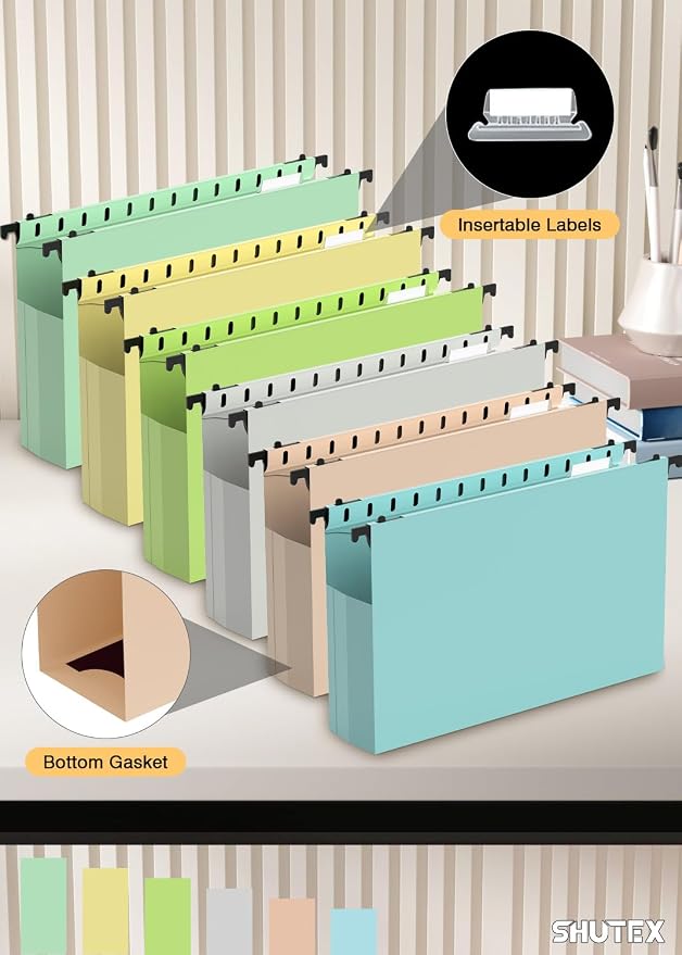 SHUTEX Extra Capacity Plastic Hanging File Folders,12 Pack Reinforced Expanding Hang Folder Legal Size,Accordian Pocket,Heavy Duty 2 Inch Expansion,Hanging Folder Organizer for Office Home, Pastel
