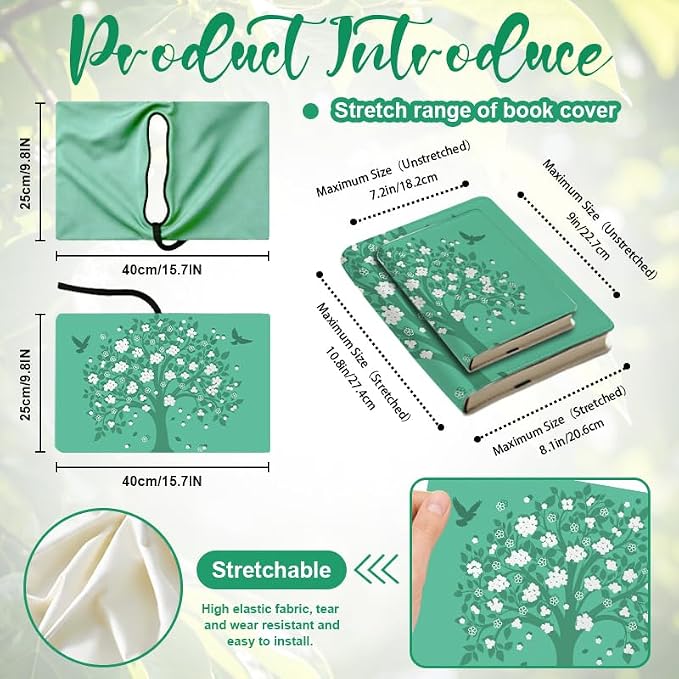 Flower Tree Patern Stretchable Book Cover 15.7"x9.8", Elastic Washable Book Protector for Hardcover Textbooks Paperbacks, Reusable Polyester Book Sleeve for Women