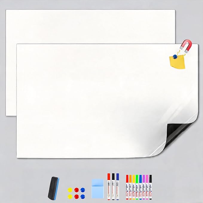 Flexible Magnetic Whiteboard 40"x18" (2 Pack) - Self-Adhesive PET Sheet, 11 Markers, 6 Magnets, Eraser & Holder, Ultra Smooth, No Ghosting, Cut to Size for Home Office, Playroom, Kitchen