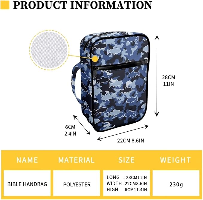 Coldinair Camouflage Shark Bible Cover for Men Large Bible Case Scripture Study Carrying Book Cover Church Bag Protective with Handle and Zippered Pocket