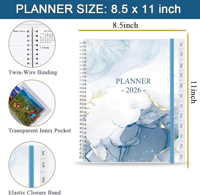 2026 Planner - Planner 2026 from January 2026 - December 2026, Monthly and Weekly Calender with 12 Tabs, 8.5" x 11", Blue Watercolor