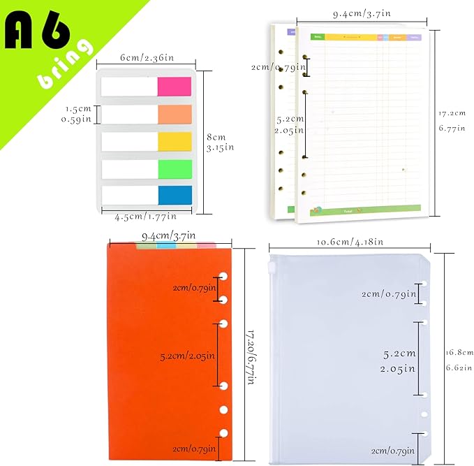 Rancco A6 Budget Planner Refill Paper, 90 Pages Colorful 6-Ring Binder Expense Tracker Inner Page Financial Planner w/Binder Divider, Pouch, Ruler, Index Tab for Budgeting Book, Double-sided,6.9x3.7"