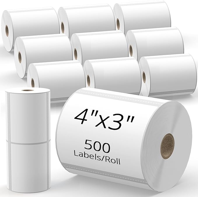 4" x 3" Direct Thermal Shipping Labels – White Self-Adhesive Compatible with Zebra, Rollo, MUNBYN Thermal Printers | Address Labels, Barcodes, FNSKU | 12 Rolls (500/Roll) – Total 6000 Labels