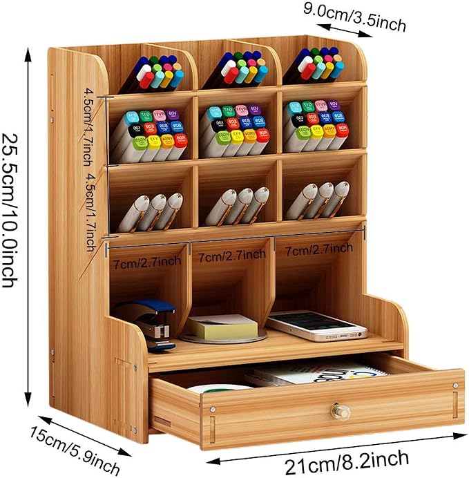 Marbrasse Wooden Desk Organizer, Multi-Functional DIY Pen Holder, Organizer for desk, Desktop Stationary, Easy Assembly, Home Office Art Supplies Storage with Drawer (B11-Cherry Color)