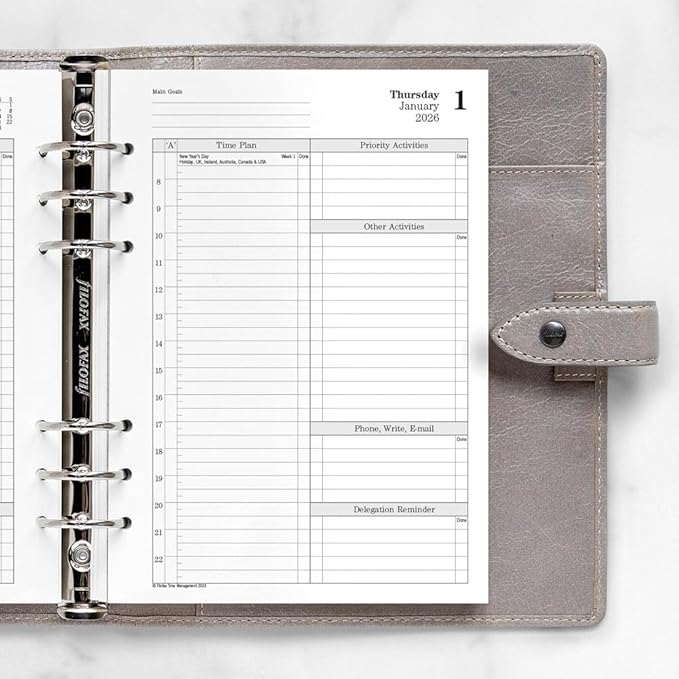 Filofax Calendar Diary Refill, A5 Size, One Day on Two Pages with Appointments, Time Management, White Paper, English, 2026 (CTM7031-26)