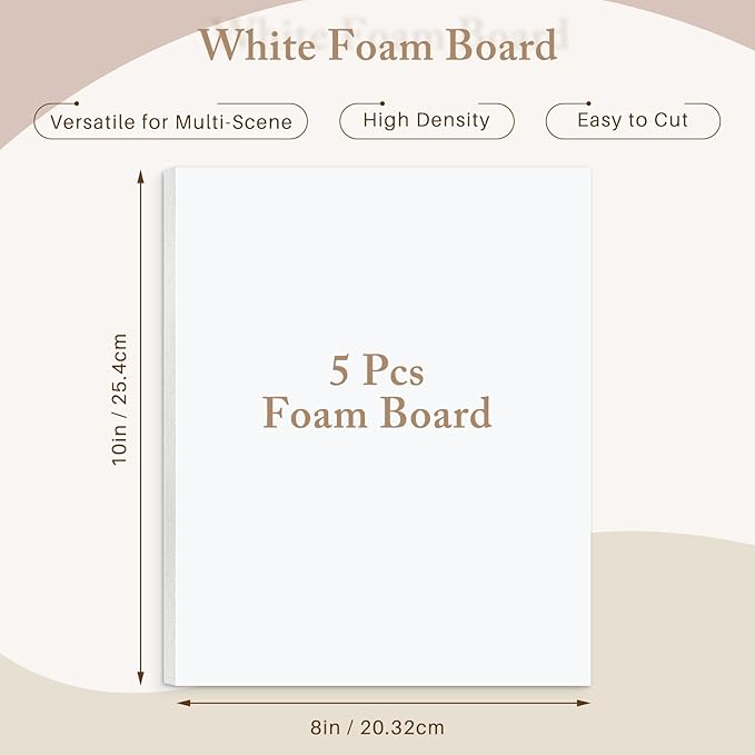 AUEAR, 5 Pack 8x10 White Foam Boards, Foam Core Poster Board for Display, Mounting, Print, Presentation and Projects, 1/8'' Thick
