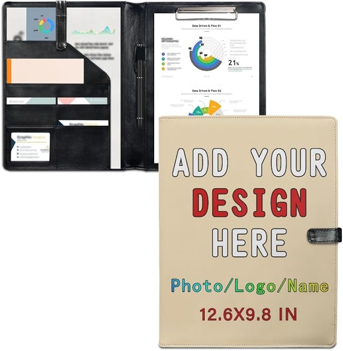 Personalized Padfolio Clipboard Folder Add Your Own Logo Text Text, Custom Leather Portfolio for Men Women with A4 Size Clip Board, Wheat