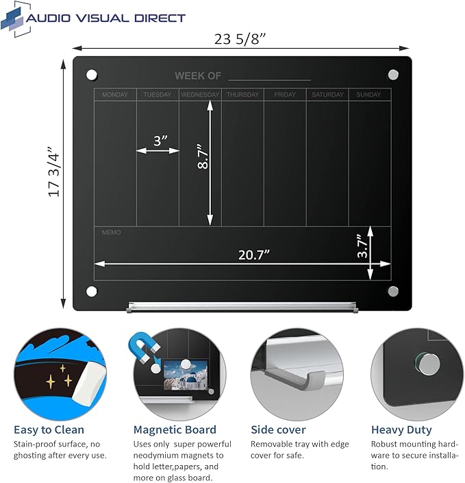 Audio-Visual Direct Magnetic Black 7 Day Calendar Glass Dry-Erase Board Set - 2' x 1.5' - for Wall - Weekly Planner
