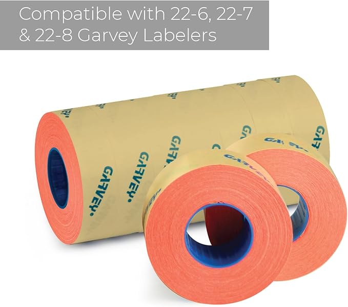 Garvey Fluorescent Red Label Rolls/Sleeve of 9 Rolls / 1225 Security Tags Per Roll/Compatible with Garvey 22-6 and 22-7 and 22-8 Labelers / 12mm x 22mm Stickers