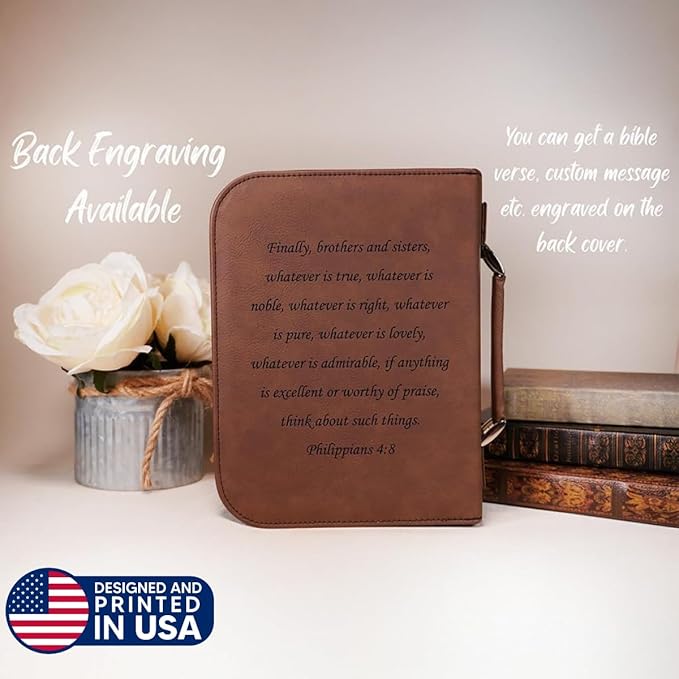 Daphne's Curations Personalized Vegan Leather Zippered Bible Cover – Custom Engraved Scripture Journal Case with Handle, Pen Holder & Pocket – Fits Large & Medium Bibles