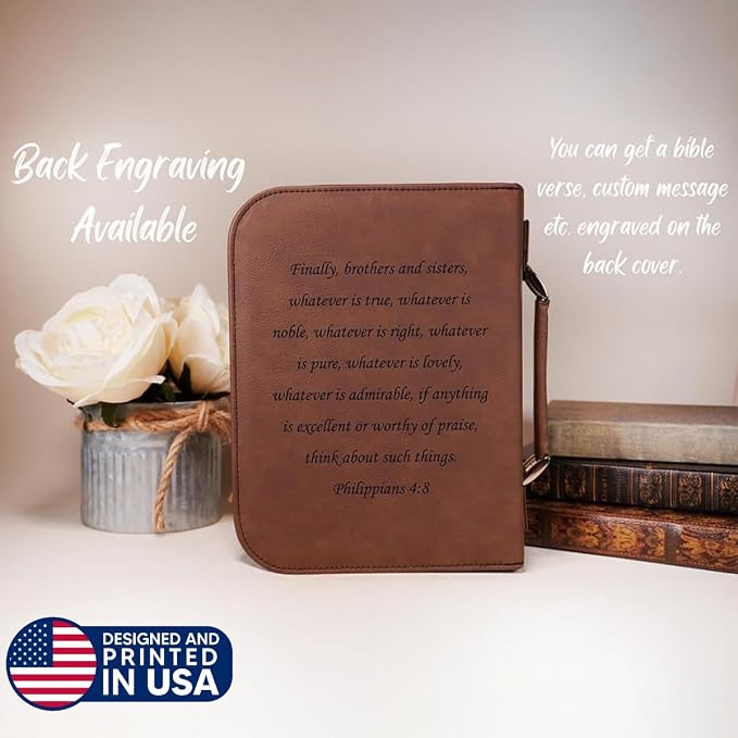 Personalized Vegan Leather Zippered Bible Cover – Custom Engraved Scripture Journal Case with Handle, Pen Holder & Pocket – Fits Large & Medium Bibles