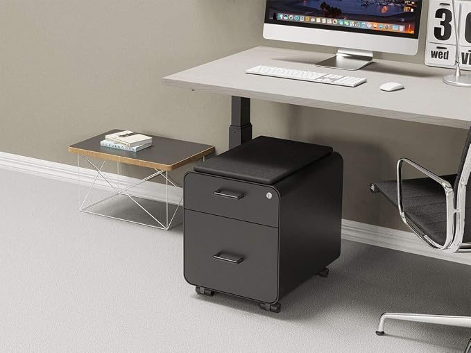 Monoprice Round Corner 2-Drawer File Cabinet - Black, Lockable with Seat Cushion - Workstream Collection (137880)