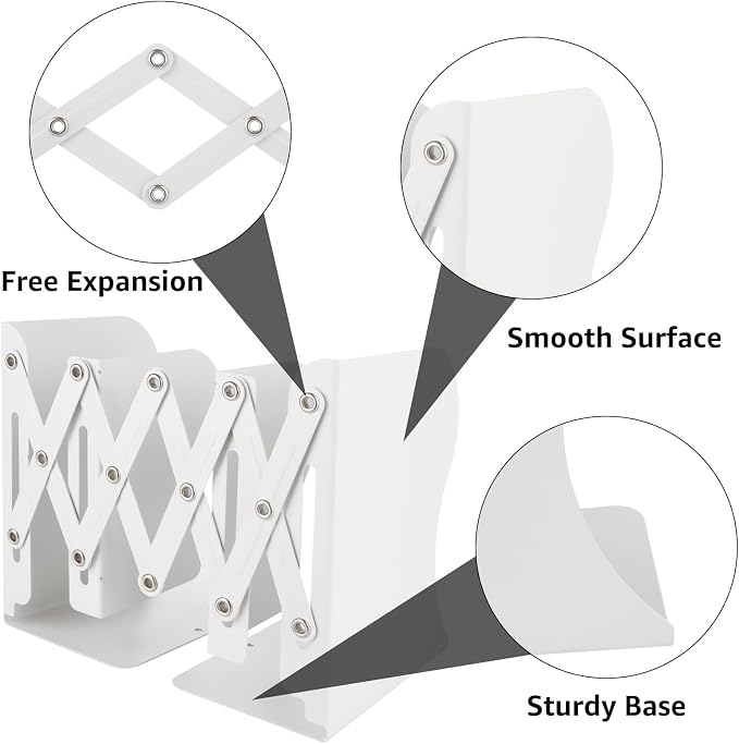 SHUESS 2 Pack Adjustable Bookends, Expandable Metal Book Holder With 2 Dividers, White Stoppers for Heavy Duty Books, Desk Ends for Shelves, Office & School