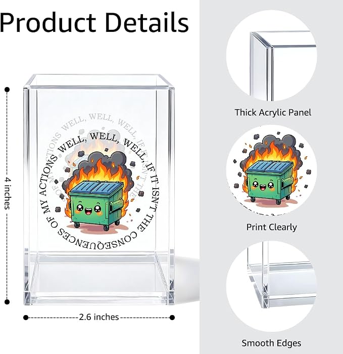 Everything is Fine Cosmetic Organizer Pen Holder, Acrylic Desk Holder for Pen Pencil, Office Gifts for Coworker, Dumpster Fire Desk Accessory (Transparent66)