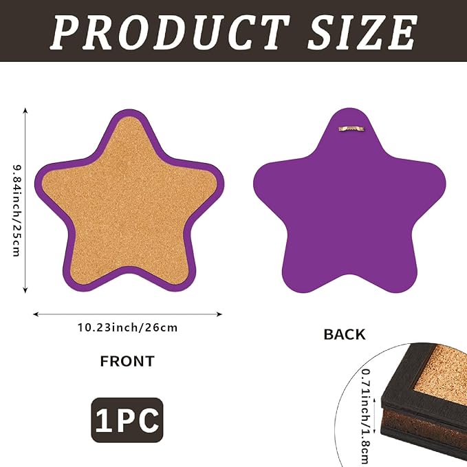 CRASPIRE Star Pin Cork Board Framed Bulletin Display Badge 10.23x9.8In Wooden Purple Decorative Corkboard Wall Mounted Memory Memo Brooch Lapel Holder Storage for Home Office School Classroom Wedding