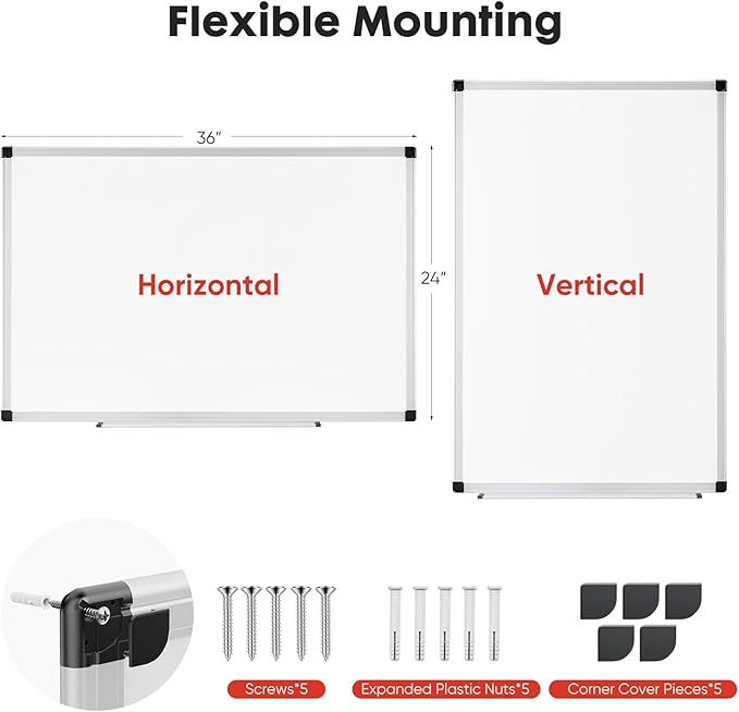 Magnetic Dry Erase Board & Whiteboard, 35.8 X 24 Inches, Silver Aluminum Frame, Comes with 1 Dry Eraser, 2 Dry Erase Markers 1 Pen Tray & 4 Push Pin Magnets
