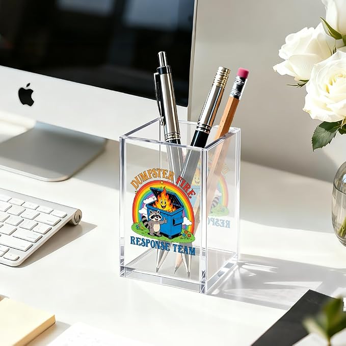 Everything is Fine Cosmetic Organizer Pen Holder, Acrylic Desk Holder for Pen Pencil, Office Gifts for Coworker, Dumpster Fire Desk Accessory (Transparent64)