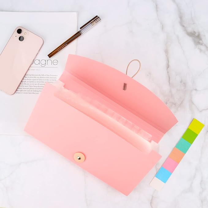 Oak-Pine 13 Pocket Receipt Folder/Accordion File Organizer/Plastic Check Bill File Folder/Expanding File Folder/Expanding Coupon Organizer with Labels/Document Organizer Folder (Pink)