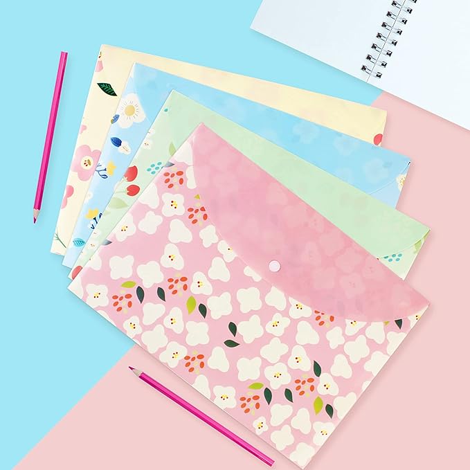 10 pcs Style Floral Printed A4 Paper Document File Folder Poly Envelopes Document Organizer Booklet File Paper Folders with Snap Button 4 Color (4 Color, A4)