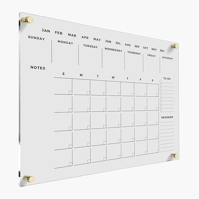 Acrylic Dry Erase Wall Calendar - Reusable Family Planner, Housewarming Gift, Horizontal Monthly Organizer Board (Gold Standoff, 35"x23")