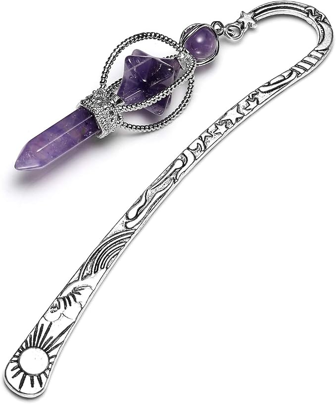 Jovivi Anqitue Silver Metal Bookmark Beading Bookmarks with Amethsyt Crystal Quartz Merkaba Hexagonal Pointed Bead