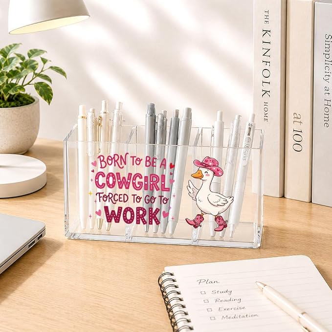 Pink Western Goose Acrylic Pen Holder for Desk, Born To Be A Cowgirl Forced To Go To Work Desk Organizer for Office Home, Back to School Gifts, Funny Sarcastic Office Gifts for Women Coworkers
