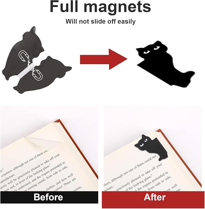 Sliverdew Magnetic Bookmarks, 6 Pcs Assorted Black Cat Page Marker Set for Cats Lover Gifts, Cute Kawaii Book Mark Page Clips for Women Teachers Students Book Lovers