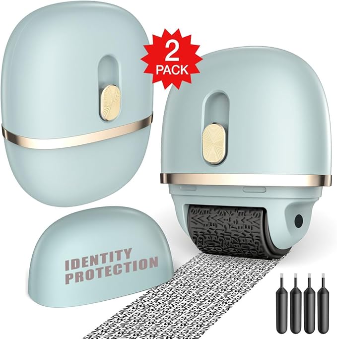 Lomil Identity Protection Roller Stamps - Wide Identity Theft Protection Stamp for ID Blockout with Refills - Privacy Confidential and Address Blocker (Blue, 2 Pack)