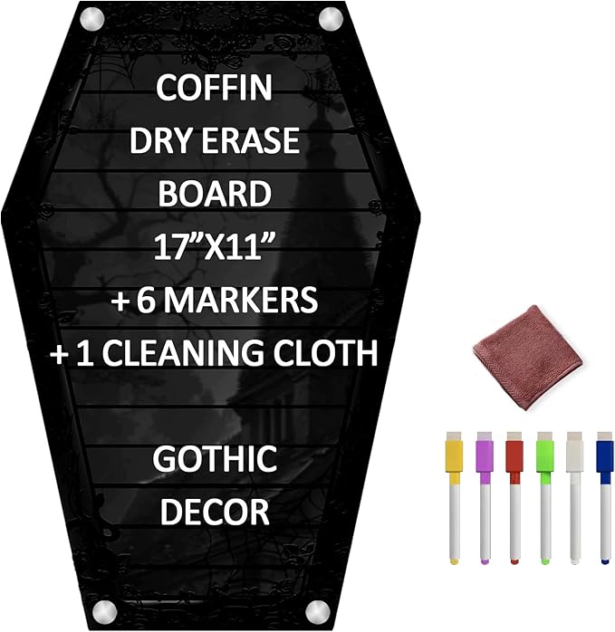 Coffin Letter Board Black, Magnetic Acrylic Dry Erase Board Coffin Shaped Goth Decor Sign Witchy Halloween Decorations Gothic Home Kitchen Decor Birthday Spooky Gifts (Black, 17"x11")