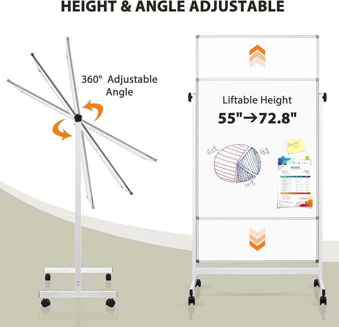 Rolling Whiteboard, 40" x 24" Magnetic Mobile White Board on Wheels, Double Sided, Height Adjustable Aluminum Frame Dry Erase Board Large Cork Bulletin Board for Office, Home, Classroom