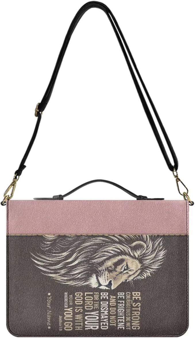 Custom Bible Cover Case with Name, Personalized Bible Bag with Strap and Handle, Lion Print Joshua 1:9 Book Organizer with Inner Pockets and Pen Loop, Biblia Study Supplies, Extra Large